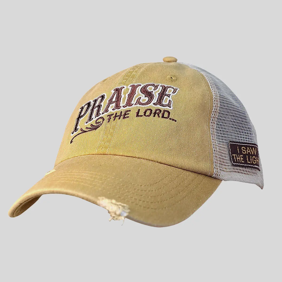 Christian Trucker Hat for Women, Praise The Lord Graphic Print Baseball Cap in Yellow Cotton Mesh, Unstructured Low Profile Adjustable Fit, Daily Wear, One Size Most