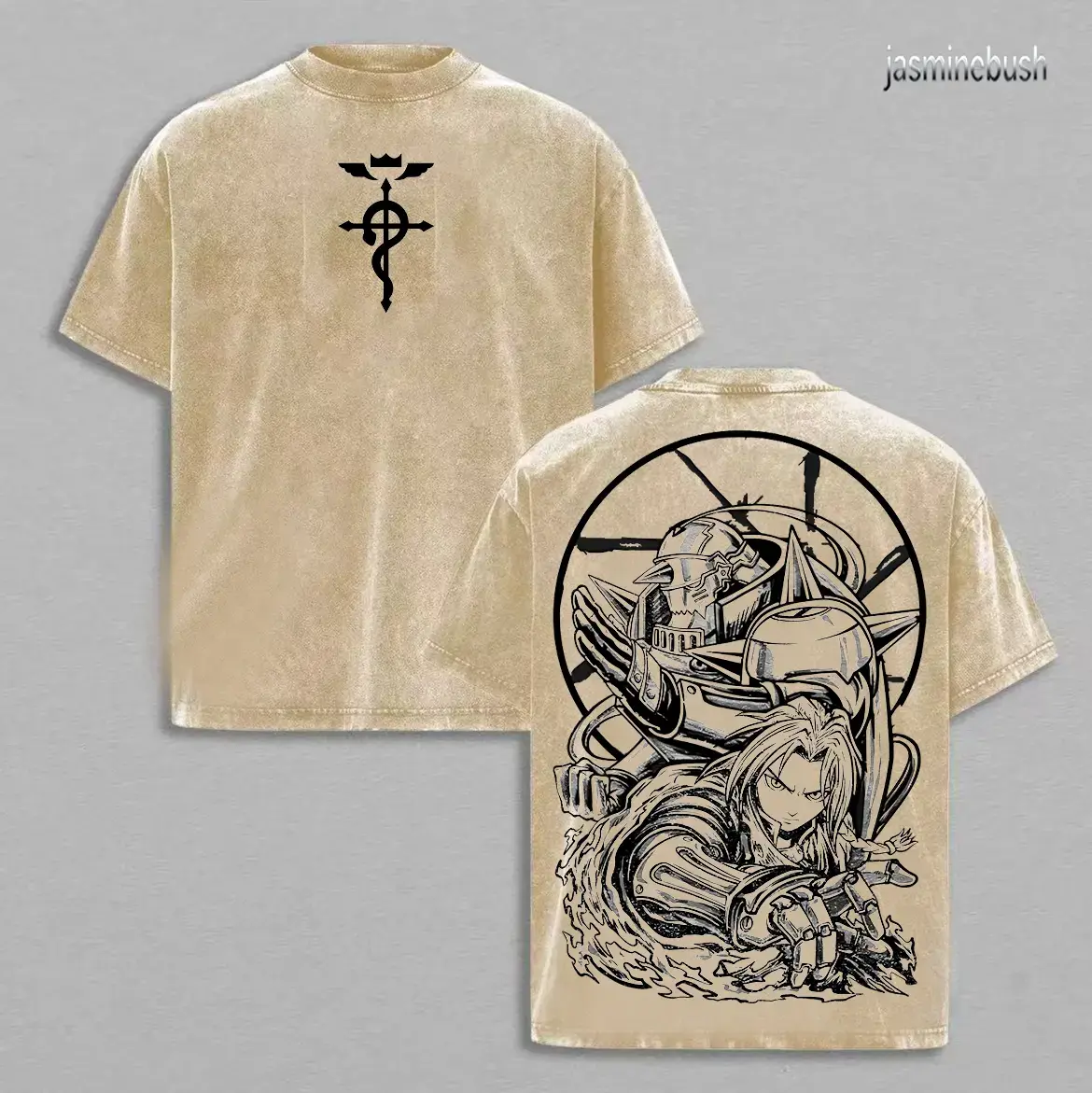 Men's Fullmetal Alchemist Vibrant Graphic T-Shirt - Vintage Washed Heavyweight Soft Cotton Fabric, Oversized Round Neck Streetwear Top for Manga Lovers