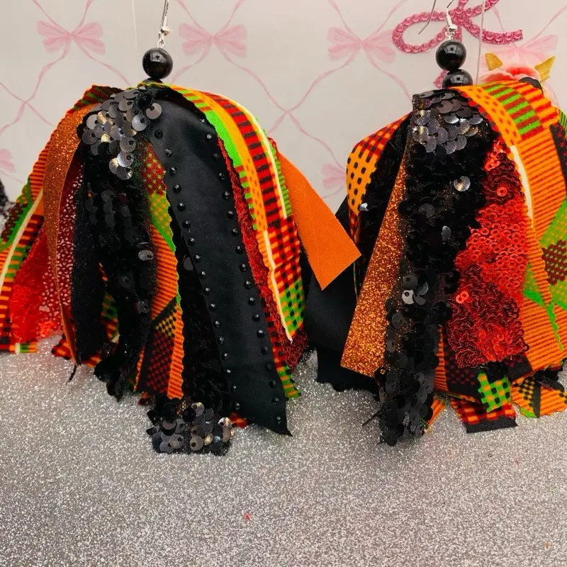 Fabric Earrings with African and Black Sequins and Stripes for a Stylish Look