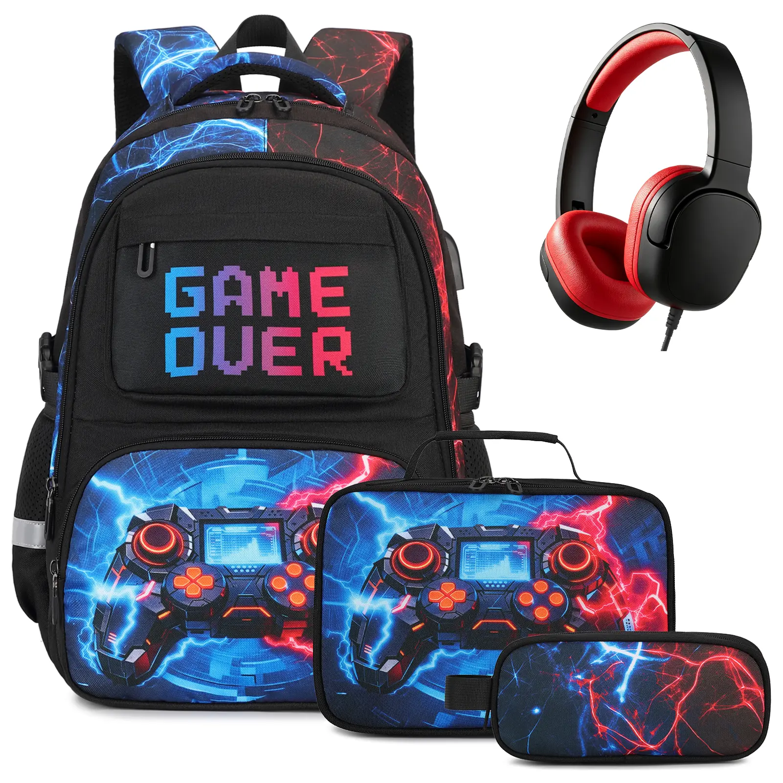 SIMILOVE 18" Multi Function Gamer Backpack with USB Port - Waterproof School Backpack for Kids, Includes Lunch Box & Pencil Case, Childrens Bag for Elementary/Middle School Students