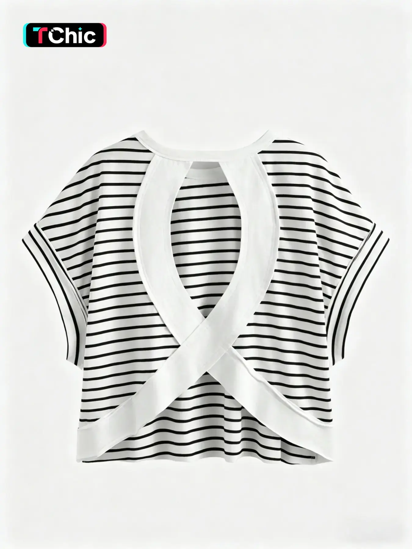1 Piece Striped Back Cross Cutout T Shirt for Women, Round Neck Short Sleeve Loose Fit Crop Top, Stretchy Breathable Fabric, Figure Flattering Casual Cropped Tees for Daily Wear Streetwear Going Out Casual Summer Wear