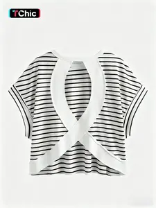 1 Piece Striped Back Cross Cutout T Shirt for Women, Round Neck Short Sleeve Loose Fit Crop Top, Stretchy Breathable Fabric, Figure Flattering Casual Tee for Daily Wear Streetwear Going Out