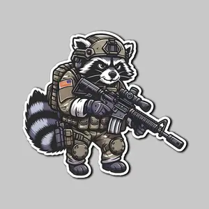 Tactical Raccoon Sticker, Military Animal Vinyl Decal, Funny Combat Raccoon Art, Tactical Gear Sticker for Laptop, Car, Water Bottle