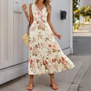 Women's Maxi dress V-neck sleeveless floral print high waist chic and elegant 2025 spring/summer beach leisure vacation dress, mom sun skirt women's vest s-XL