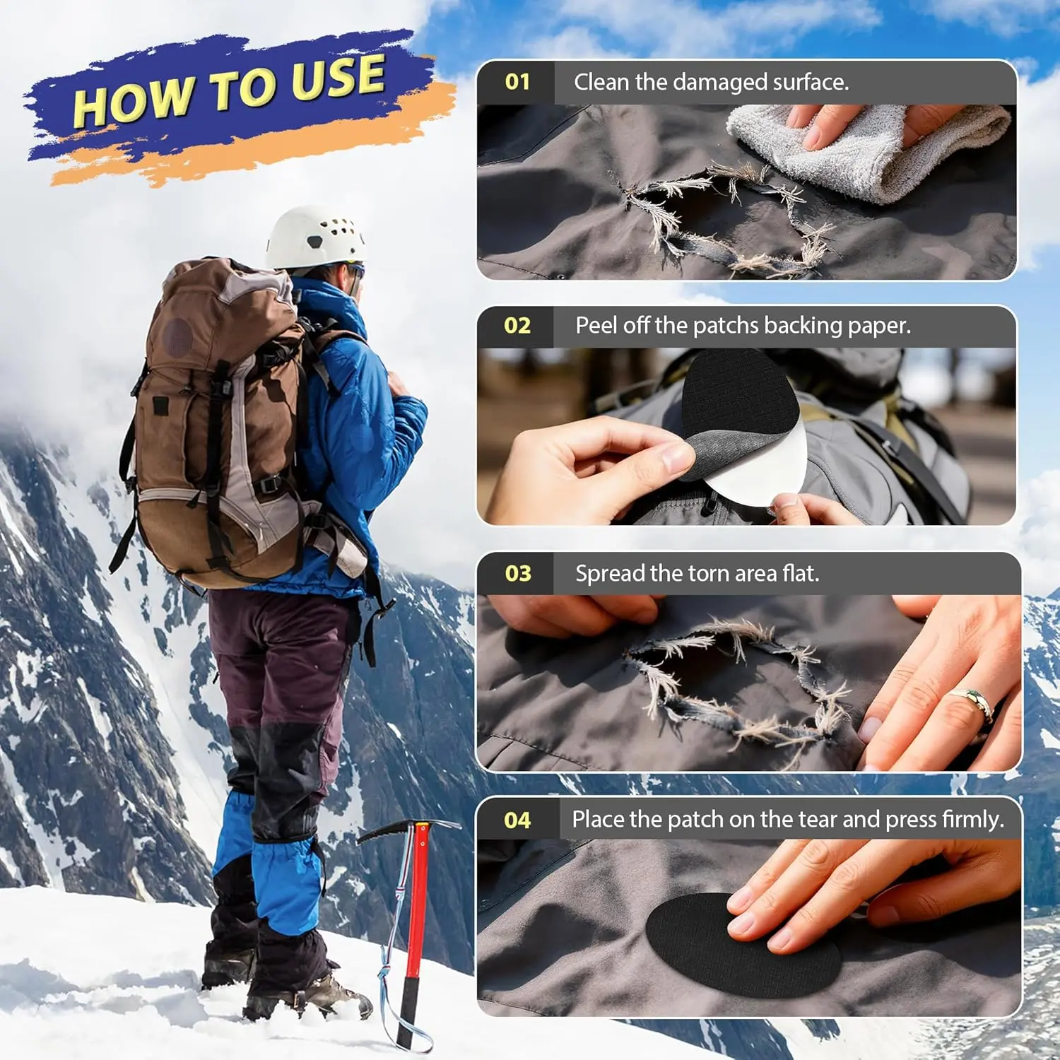 Down Jacket Repair Patch Kit, Outdoor Gear Tenacious Repair Tape, Self Adhesive Fabric Patches for Clothes, Waterproof Ripstop Nylon Fabric Patch for Puffer Jacket, Coat, Tent (18 Pcs, Black)