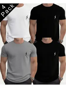 Men's New Round Neck Short Sleeve T-Shirt Set, Small Lightning Print, Multi-Color, Casual Wear, Casual Summer Clothes, All Seasons, Sporty Style, Top, Menswear