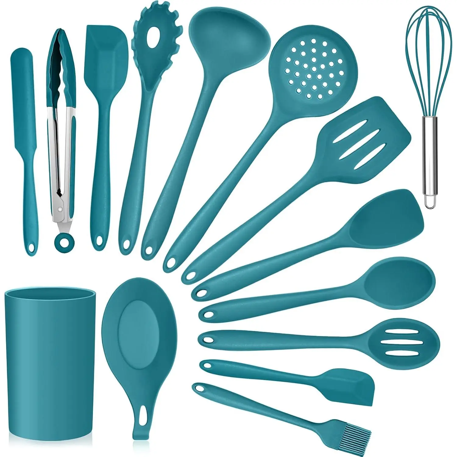 Teal Blue Kitchen Utensils Set,  15-Piece Silicone Cooking Utensils with Holder, Non-stick Cookware Friendly & Heat Resistant, Includes Ladle Spatula Spoon Slotted Turner for Cooking & Baking