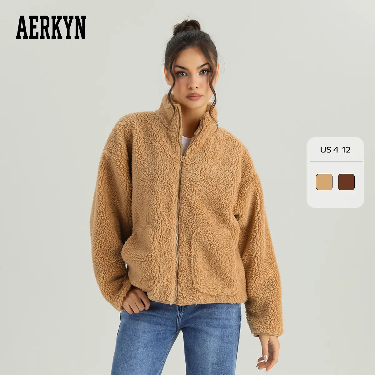 Women's Cozy Mock Neck Zipper Fluffy Long Sleeve Thermal Outerwear, Versatile Faux Fur Fleece Side Pocket Coat for Fall & Winter, Comfort Solid Color Outfit (2) (CN)