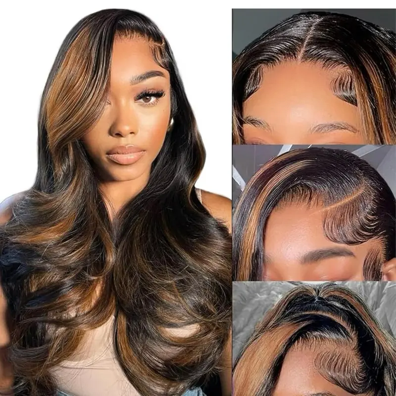 QUANDIAN 13x6 Balayage HD Lace Front Wig 100% Human Virgin Hair 200% Density Body Wave Wig with Elastic Band, 4 Combs for Easy Installation
