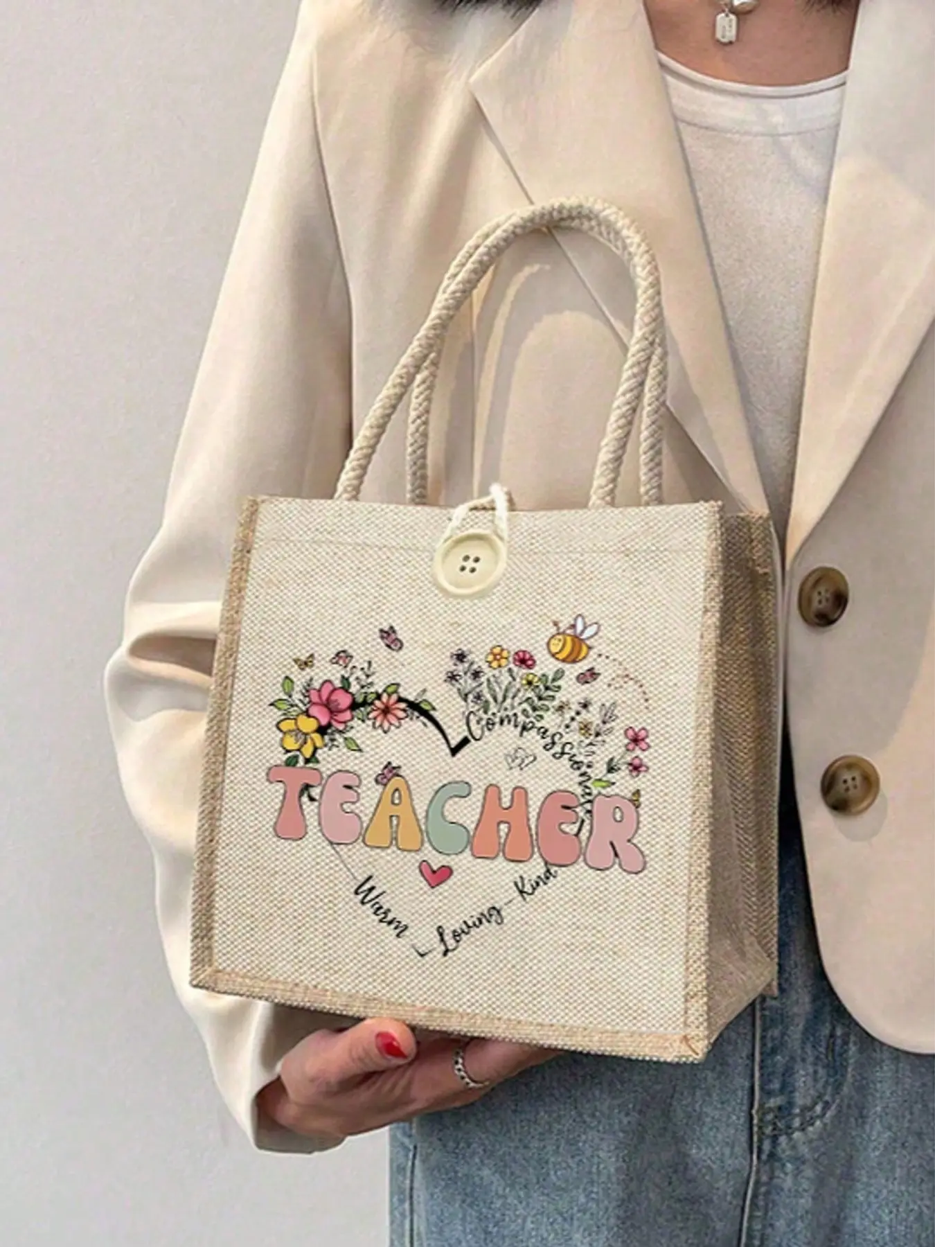 Teacher Print Casual Handbag Gift for Auntie, Fun Letter Pattern Storage Bag, Linen Shopping Tote, Foldable Travel Cosmetic Bag, Versatile Bag
