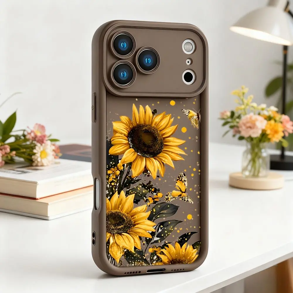 Soft Non-Slip Butterflies & Sunflower Pattern Silicone TPU iPhone Case - Straight Edge, Shockproof, Drop-Resistant, Waterproof Protection for iPhone 17 Pro Max,16,16e,15,14 Plus,13,12 Mini,11,Air,X,XS - Adult Accessory, Valentine's Day Gift, 2D Printing