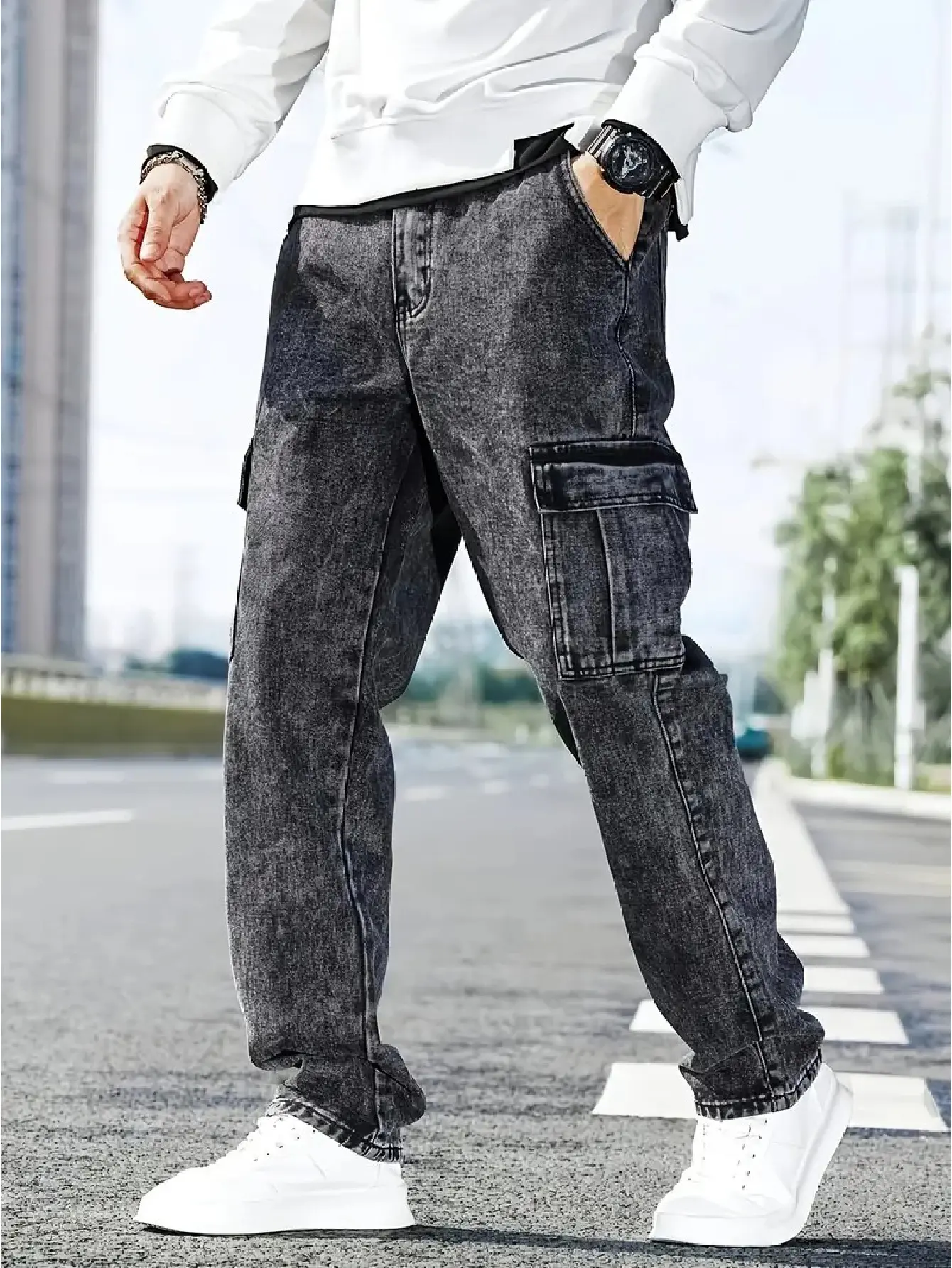 Menswear Washed Mid-Waist Straight Leg Denim Jeans - Streetwear Fit with Side Flap Pockets, All-Season Minimalist Pants, Men's Pants, Straight Leg Jeans