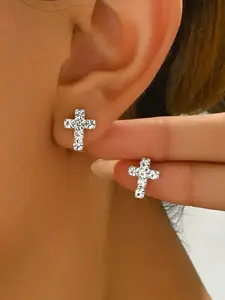 Rhinestone Decorated Cross Design Earrings, Studded Cross Earrings, Fashionable Jewelry for Women, Trendy All-match & Exquisite Jewelry for Birthday Gift