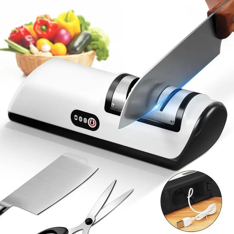 Rechargeable Electric Kitchen Knife Sharpener, Compact Cordless Knife Sharpener with Diamonds for Steel Knives and Fruit Knife, 2 Stage Automatic Knife Sharpening Helps Restore & Polish Blades Quickly