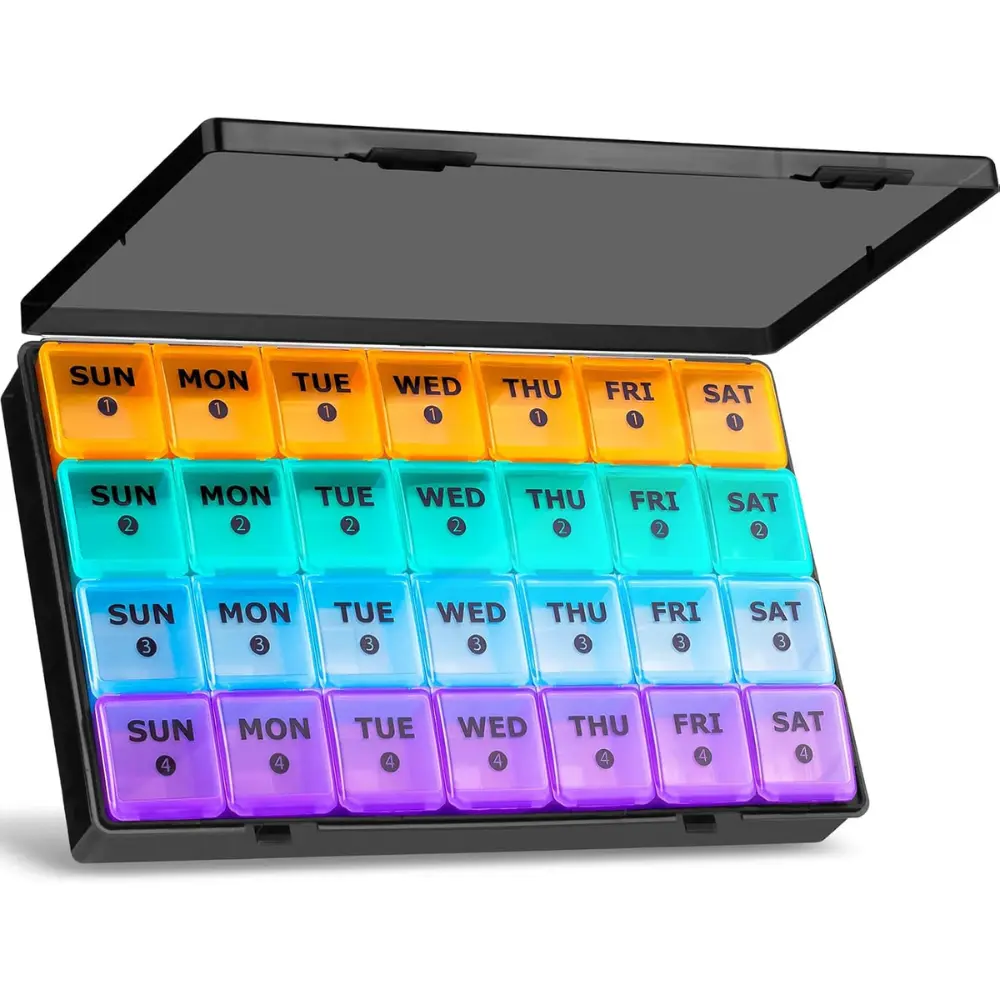 XL Large Monthly Pill Organizer 4 Weeks, 28 Day Pill Organizer Weekly, Big Compartment with Travel Case, 7 Day Pill Dispenser 4 Times a Day, Medicine Organizer Box for Vitamin, Fish Oil, dealsforyou, summerwins