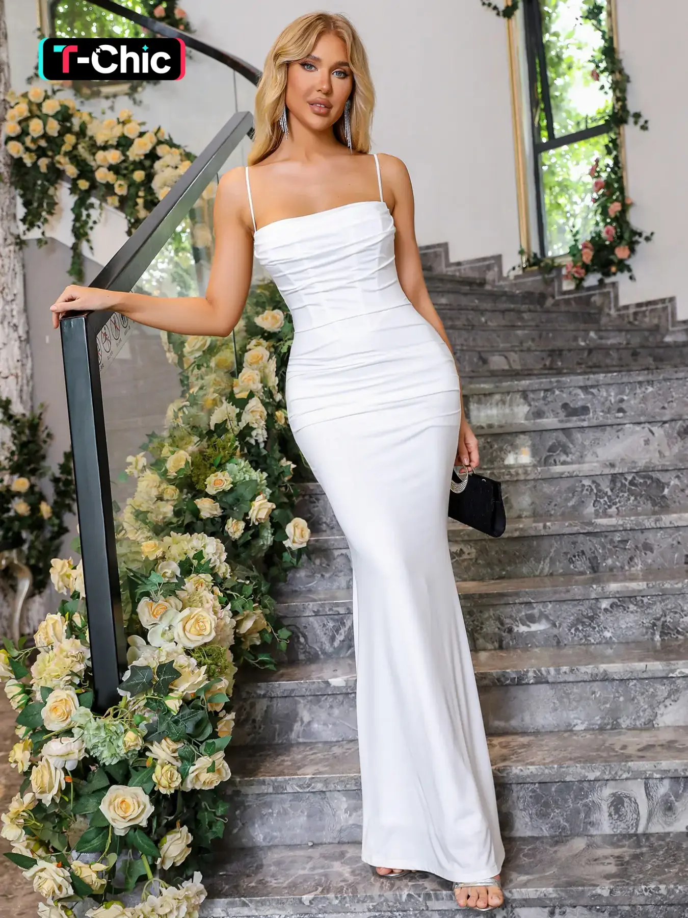 Parthea Women's Plain Ruched Zipper Boning Corset Mermaid Dress, Chic Elegant Ruched Design Adjustable Spaghetti Strap Sleeveless Cami Bodycon Maxi Long Dress for Evening Party Formal Wear, Ladies Summer Clothes, National Day Offers