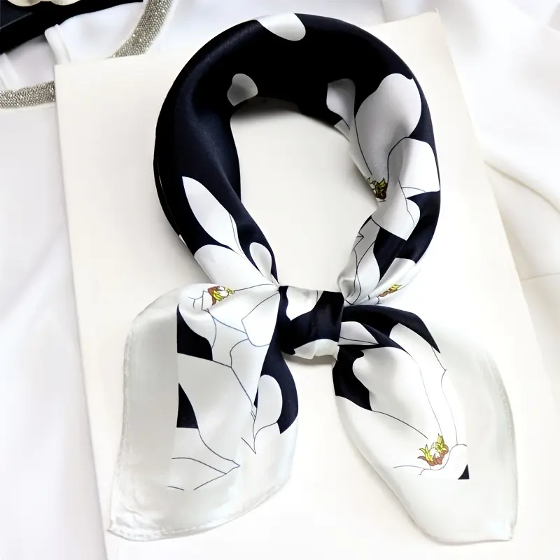 Women's Genuine Natural Silk-Polyester Blend Small Square Neckerchief - Floral Printed, Smooth, Breathable, Basic Versatile Design, Fabric Neckerchiefs, Printed Bandana Neckerchiefs, for Shirts/Knit Tops, Commute, All Seasons, Casual Use, Female Wear