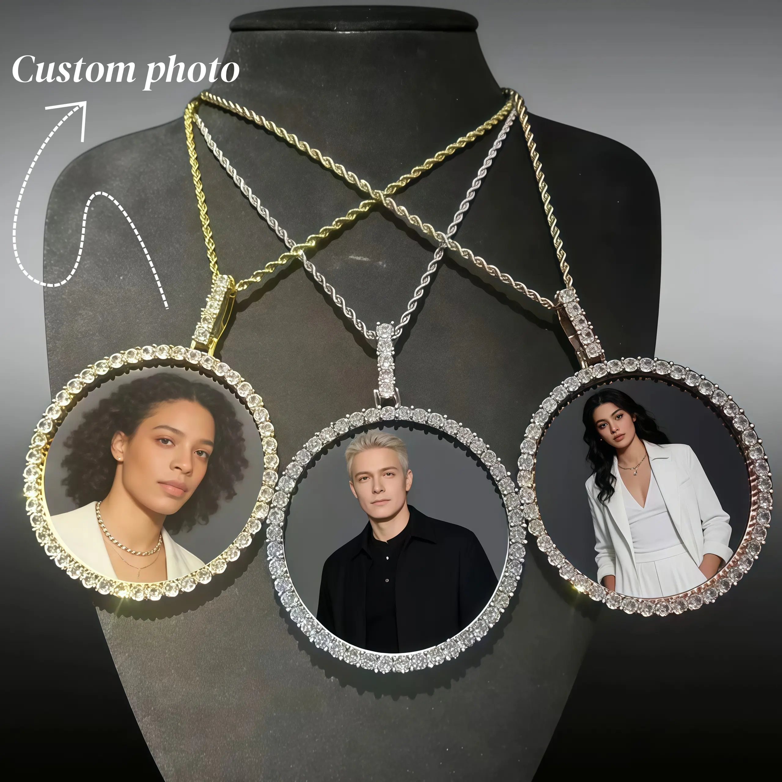 Custom Photo Circle Chain Necklace - Personalized Stainless Steel Medallion Memory Custom Made Pendant, Zircon Solid Back Hip Hop Stainless Steel Jewelry, Free Engrave, Birthday Gift, Exquisite Gift