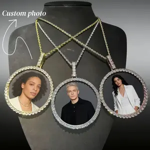 Custom Photo Necklace Circle Chain Personalized Medallion Memory Picture Pendant Solid Back Zircon Hip Hop Jewelry Free Engrave