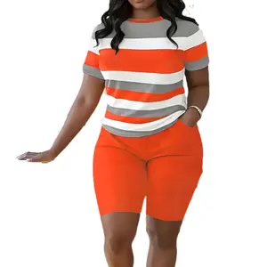 Trending Color Block Striped Set, Short Sleeve Top & Slim Fit Shorts, Plus Size Slimming 2 Piece Outfit For Gym, Running, Sports, Workout & Daily Wear