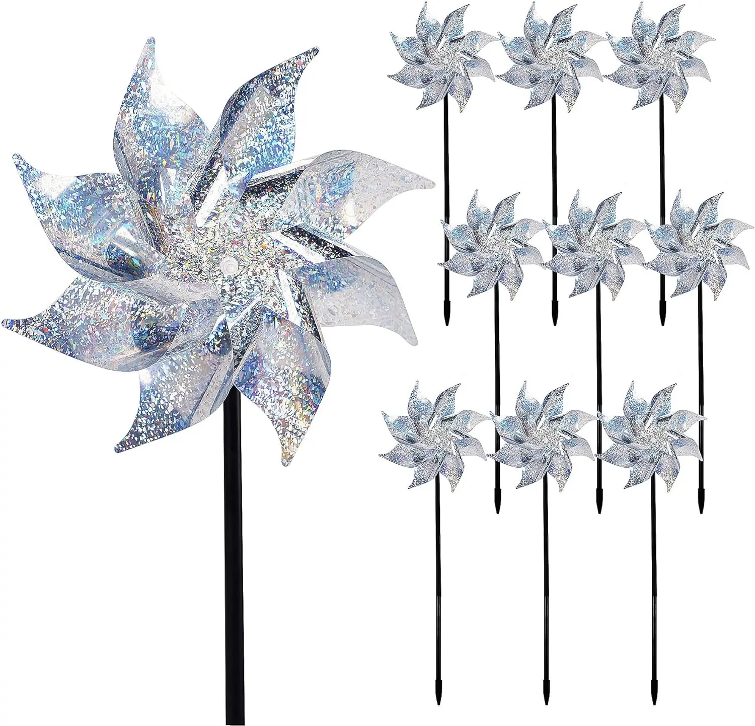 10 Pack Reflective Pinwheels with Stakes, Extra Sparkly Pinwheel for Garden Decor, Bird Devices Deterrent to Scare Birds Away from Yard Patio Farm