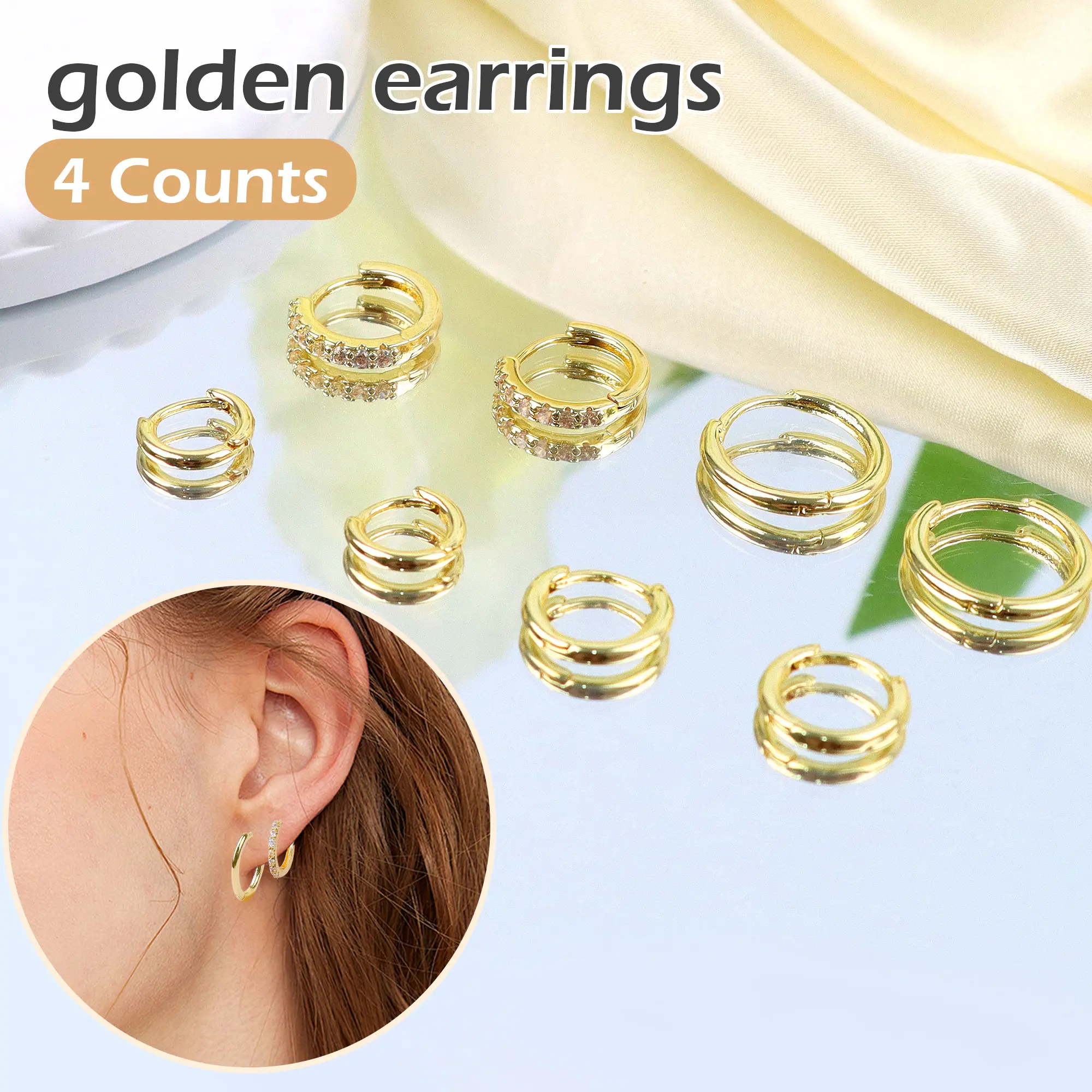 4 Counts Women's  Post Earrings Set,  Plated Hypoallergenic in 4 Sizes (6-12mm)