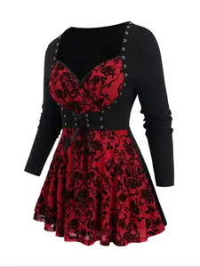 Women's Plus Size Gothic Halloween Party Long Sleeve Top, Casual Slim-Fit Knitted Fabric, Fall & Winter Fashion, Ladies Clothing