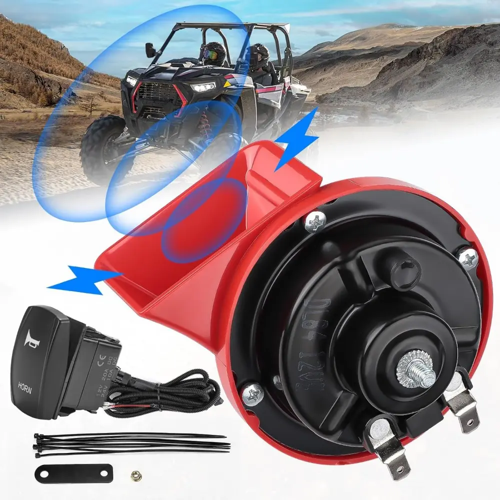 12V Upgraded 105DB Universal Loud SXS Horn Kit - Includes Rocker Switch, Heat Shrink Tube - Compatible with Polaris RZR, Ranger, PRO XP, Can Am Maverick X3, Defender, CFMOTO, Teryx, Bennche Bighorn, ATV, Talon, Universal Utv, Short/Long Beep