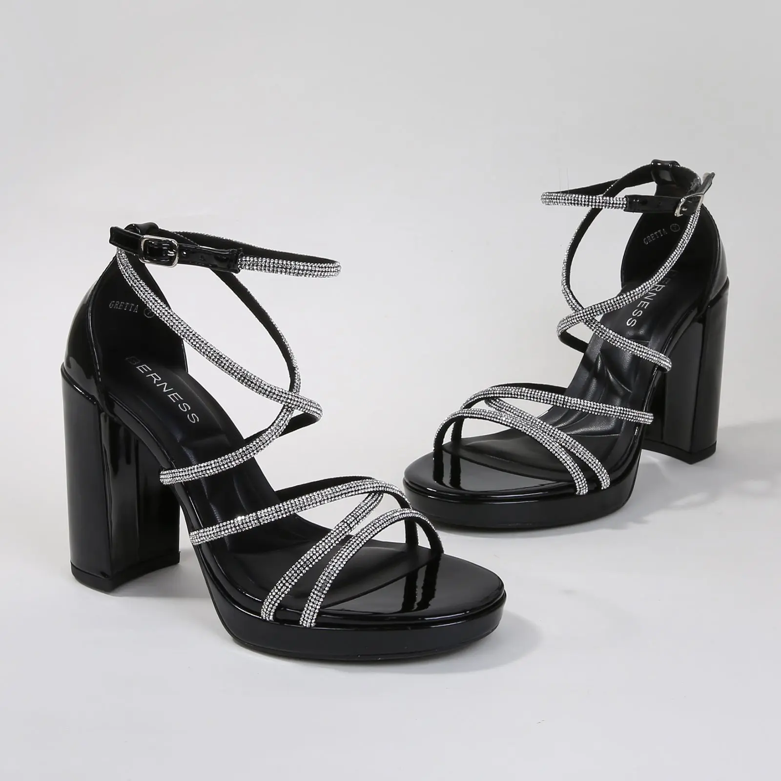 BERNESS Women's Rhinestone-Embellished Strappy Platform PU Leather Heels Shoes - 4.5in Round Toe Memory Foam Sandals, Fashion Footwear for Women, Heels Shoes For Women