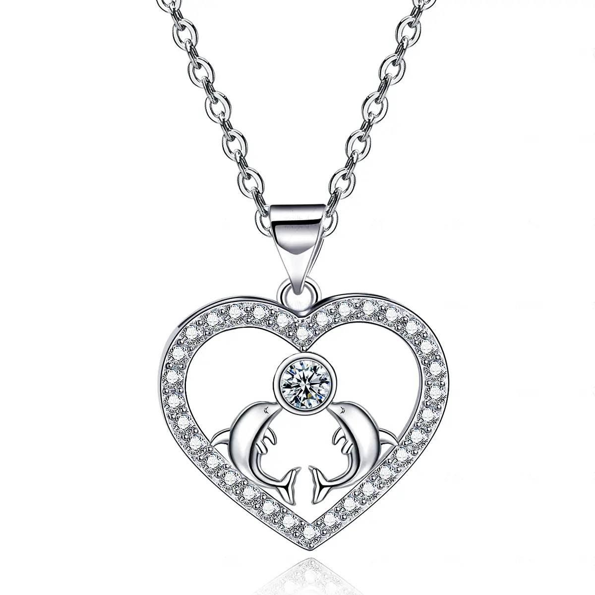 Emma Manor 14k White Gold Plated 5A Cubic Zirconia Love Dolphin Pendant Necklace