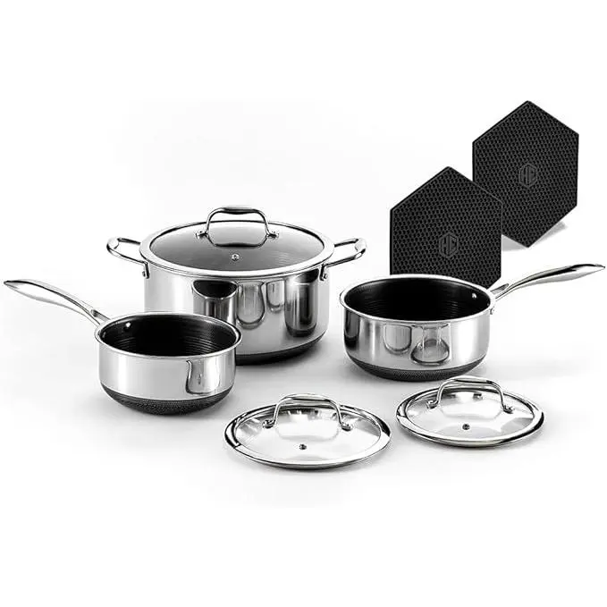 HexClad Hybrid Nonstick 6-Piece Pot Set with 2 Silicone Trivets, 2, 3, and 8-Quart Pots with Tempered Glass Lids, Stay-Cool Handles, Dishwasher-Friendly, Induction Ready, Compatible with All Cooktops