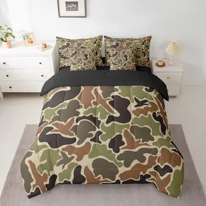 Duck Hunter 7 Pieces Green Camouflage Hunting Bedding Set,Black Brown All Season,Bed in a Bag,with Comforter,Sheets,Pillowcases Camo Army Bed Set