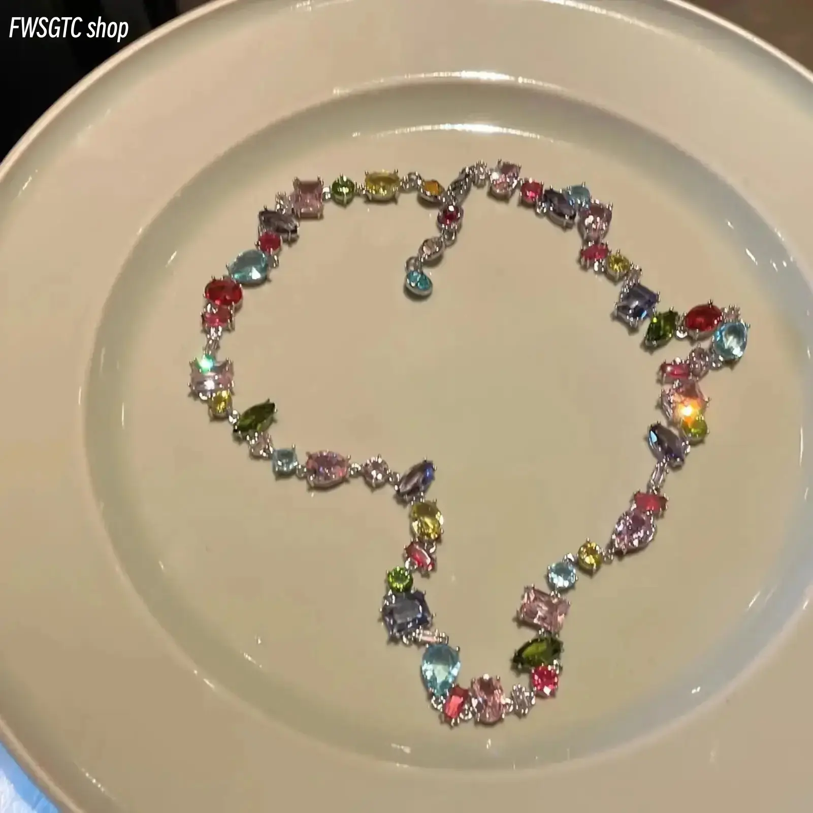 2026 New Arrival Alloy Necklace, Y2K Style Bling Clavicle Chain with Multicolor Rainbow Zirconia Synthetic Gemstones, Fashion Jewelry for Daily Wear & Gifting