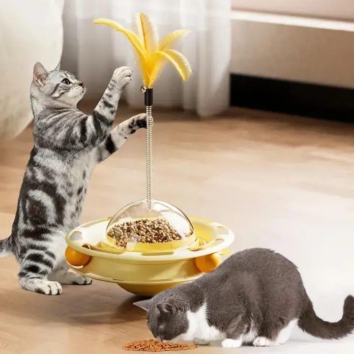 Cat Toys 3 in 1  Interactive Wobbling Cat Roller Toy , Moving Feather, 360°  Rotating Food Leakage Device,Solve cat Anxiety and Attract Cats to Play