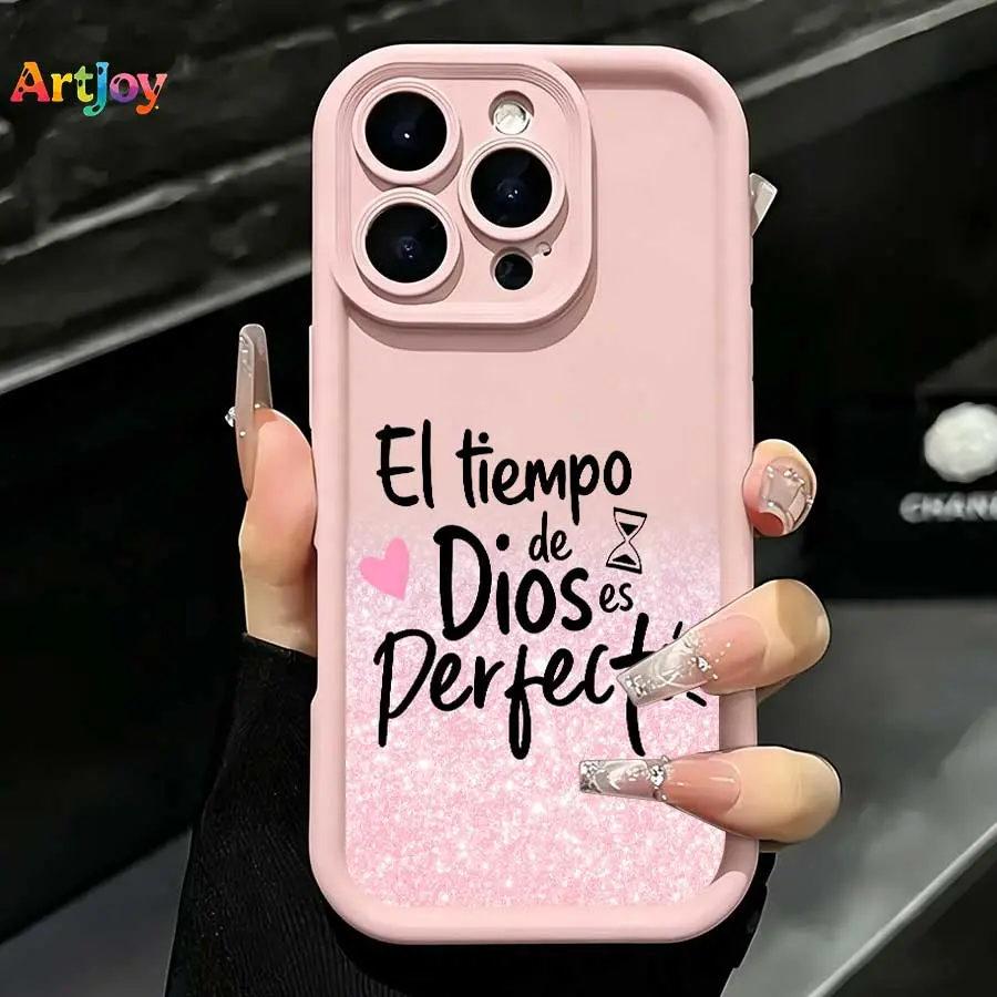 El Tiempo De Dios Es Perfecto Pink Glitter Bottom Gradient Quote Smartphone Case - Cellphone Accessory for Galaxy S25,S24,S23,S22,S21 Plus/FE/Ultra,A33 & iPhone 17 Pro Max,16,15,14,13 - Ideal Handheld Device Gift for Birthdays,Holidays