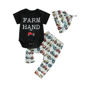 Newborn Baby Boy Summer Clothes Short Sleeve Letter Romper Farm Tractor Chicken Print Pants Hat 3Pcs Outfit