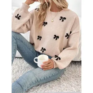 Women's bow patterned off shoulder sweater, autumn and winter casual long sleeved round neck sweater, fashionable women's knitted daily wear (gift) women's curtains