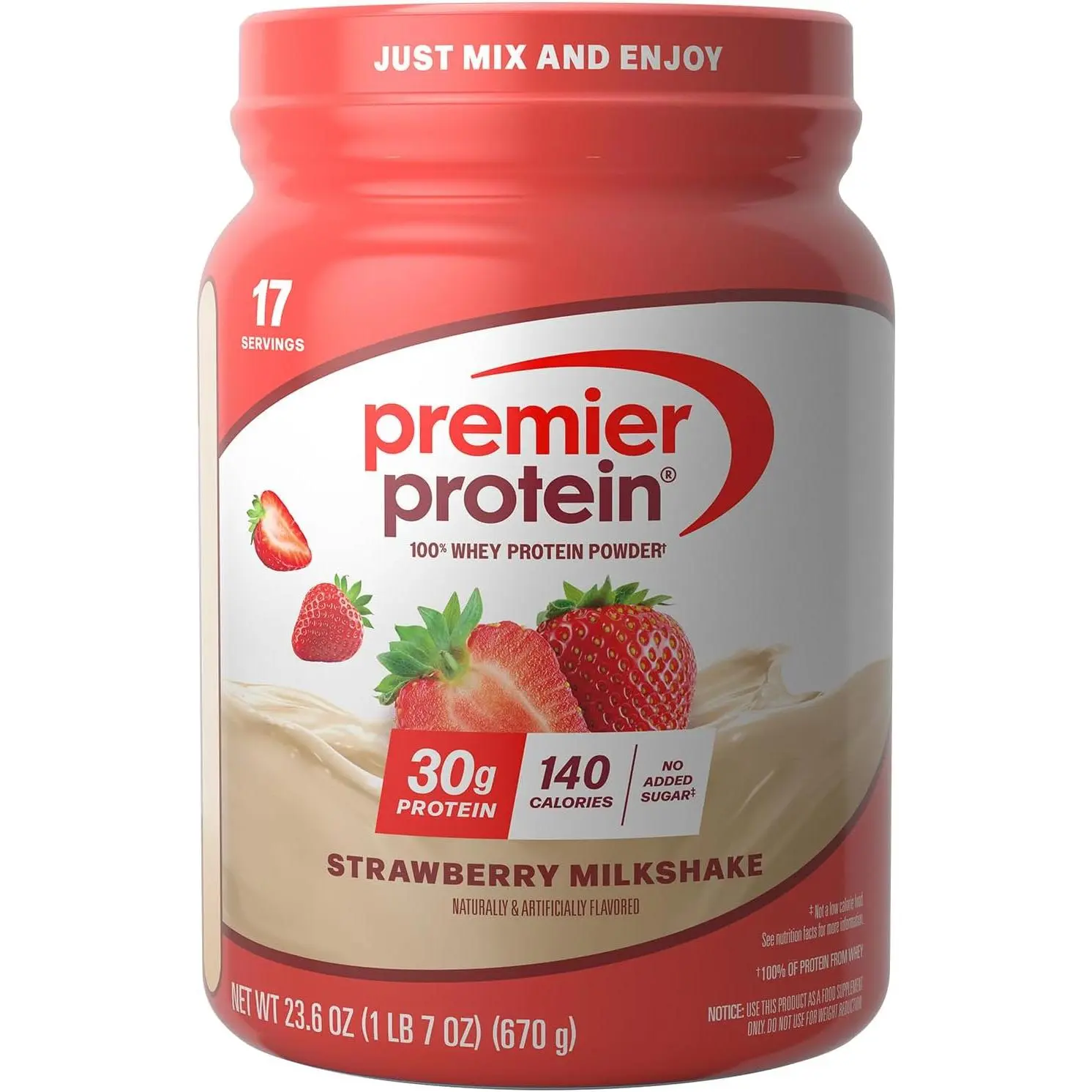 Premier Protein Powder, Strawberry Milkshake, 30g Protein, No Added Sugar, 100% Whey Protein, Keto Friendly, Soy & Gluten Free, 24.5 oz (17 Servings)