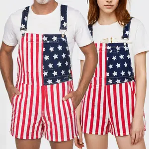 Unisex American Flag Denim Short Overalls, Soft Stretch Bib Shorts, Patriotic Outfit for Independence Day Festivals