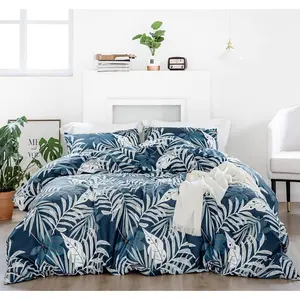 Hawaiian Botanical Duvet Cover    3 count Set 1 White and Blue Tropical Duvet Cover with Zipper Ties 2 Pillowcases Farmhouse Coastal Palm Leaves Bedding Set Soft