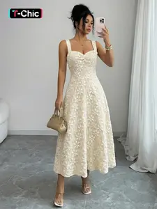Pure Color Floral Jacquard Halter Sleeveless Dress, Square Neck Ruched Waist, Soft Elegant Style, Summer, Perfect for Casual Wear, Women's Fashion, Aesthetic, Elegance