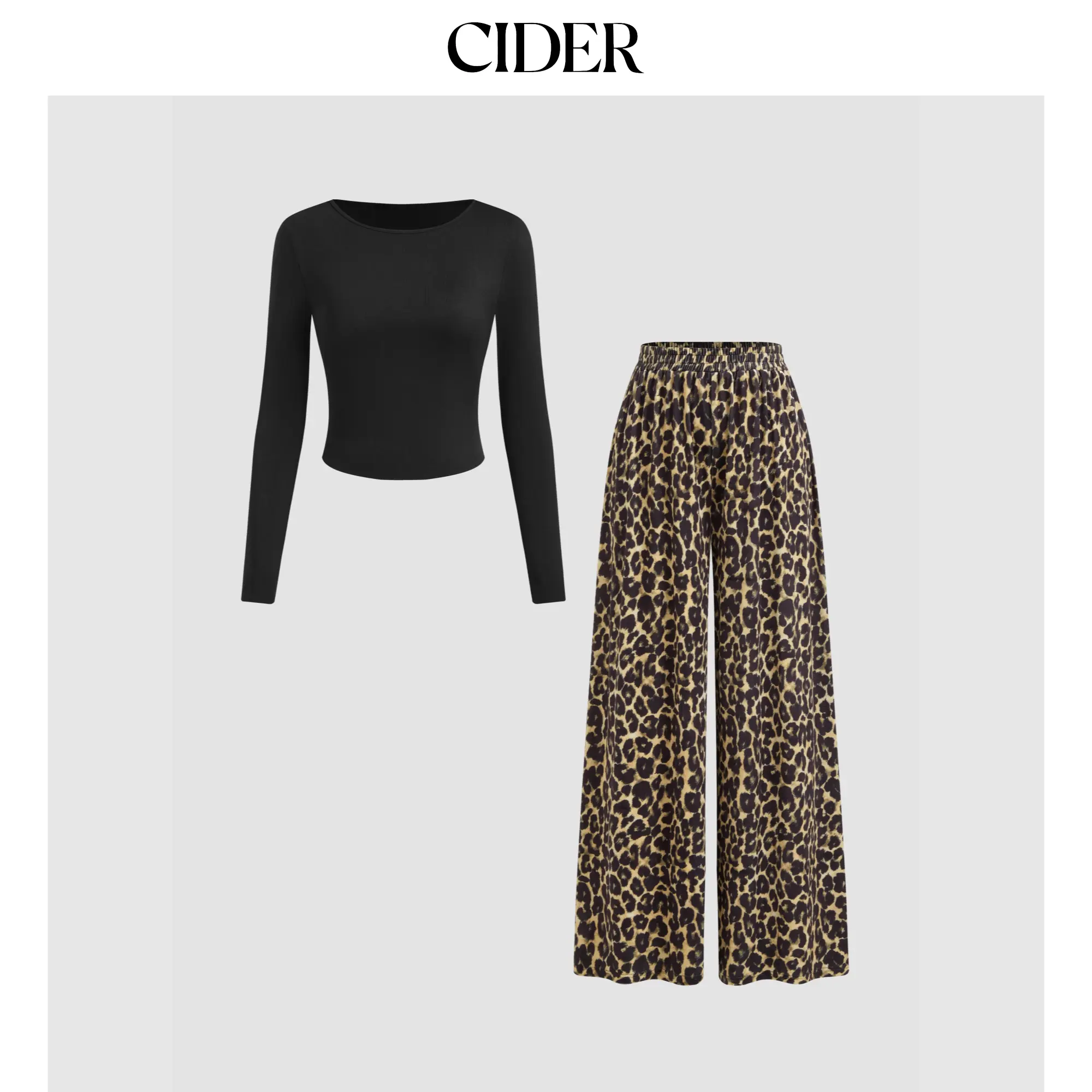 Cider Women's 2-Piece Animal Print Set: Round Neck Long Sleeve Loose-Fitting Top, Mid Rise Elastic Waist Wide Leg Trousers, Casual Womenswear (Sizes 2-10), Leopard Print