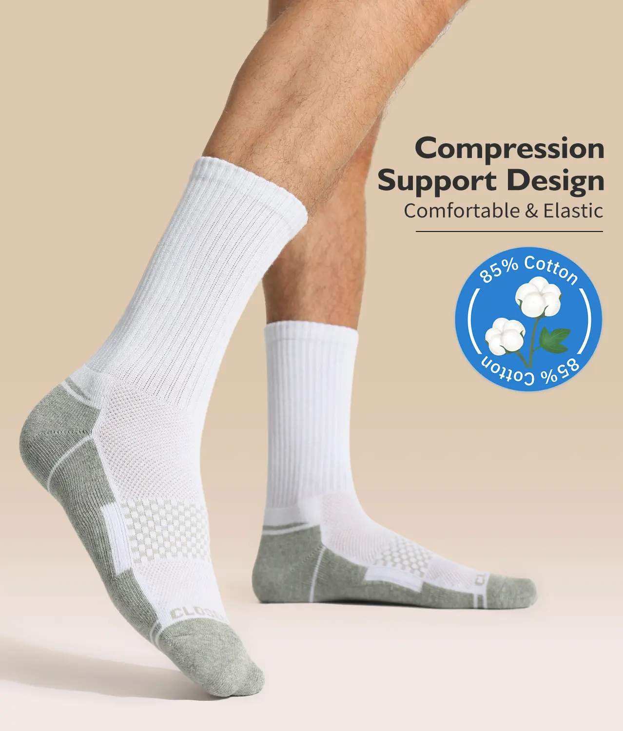 CLOSEMATE Crew Socks for Men Cotton Socks Cushioned Sports Socks for Performance, Training Soccer 6 Pairs