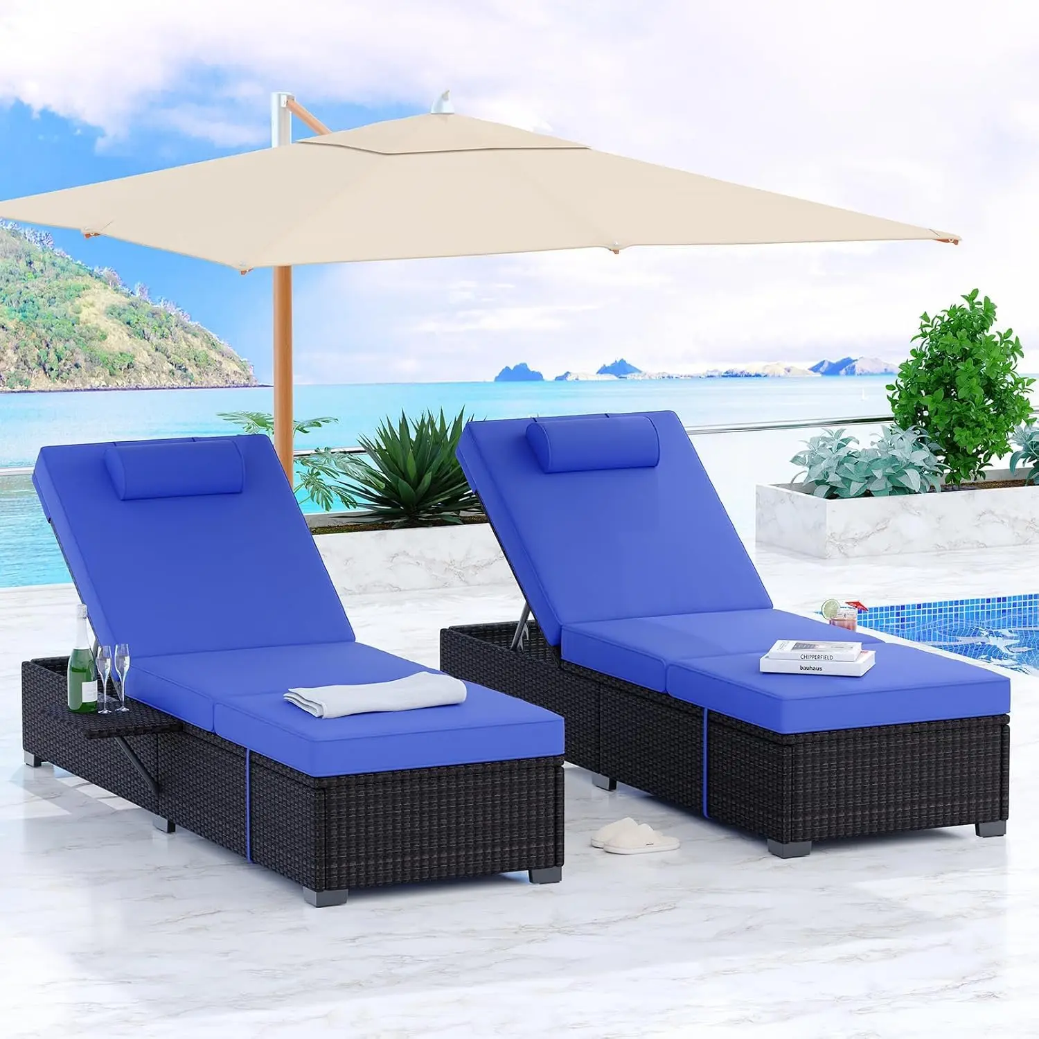 【GARVEE】Set of 2 Outdoor Patio Lounge Chairs with Adjustable 6-Position Backrest, Foldable Design, Wicker Rattan Material, Includes Cushions and Headrest for Poolside Relaxation