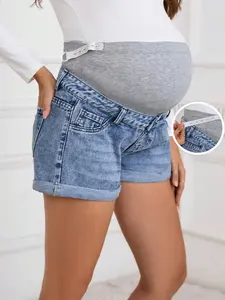 Pregnant Women High-Waisted Denim Shorts, Light Wash, Adjustable Waistband, Elastic Denim Fabric, Comfortable Essential for All Pregnancy Stages