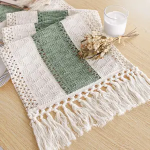 Sage Green Table Runner 182.88 cm Long with Tassels Bohemian Lace Farmhouse Table Runner Home Decor Party Bohemian Rustic Bridal Shower Restaurant Decoration (30.48 x 182.88 cm)