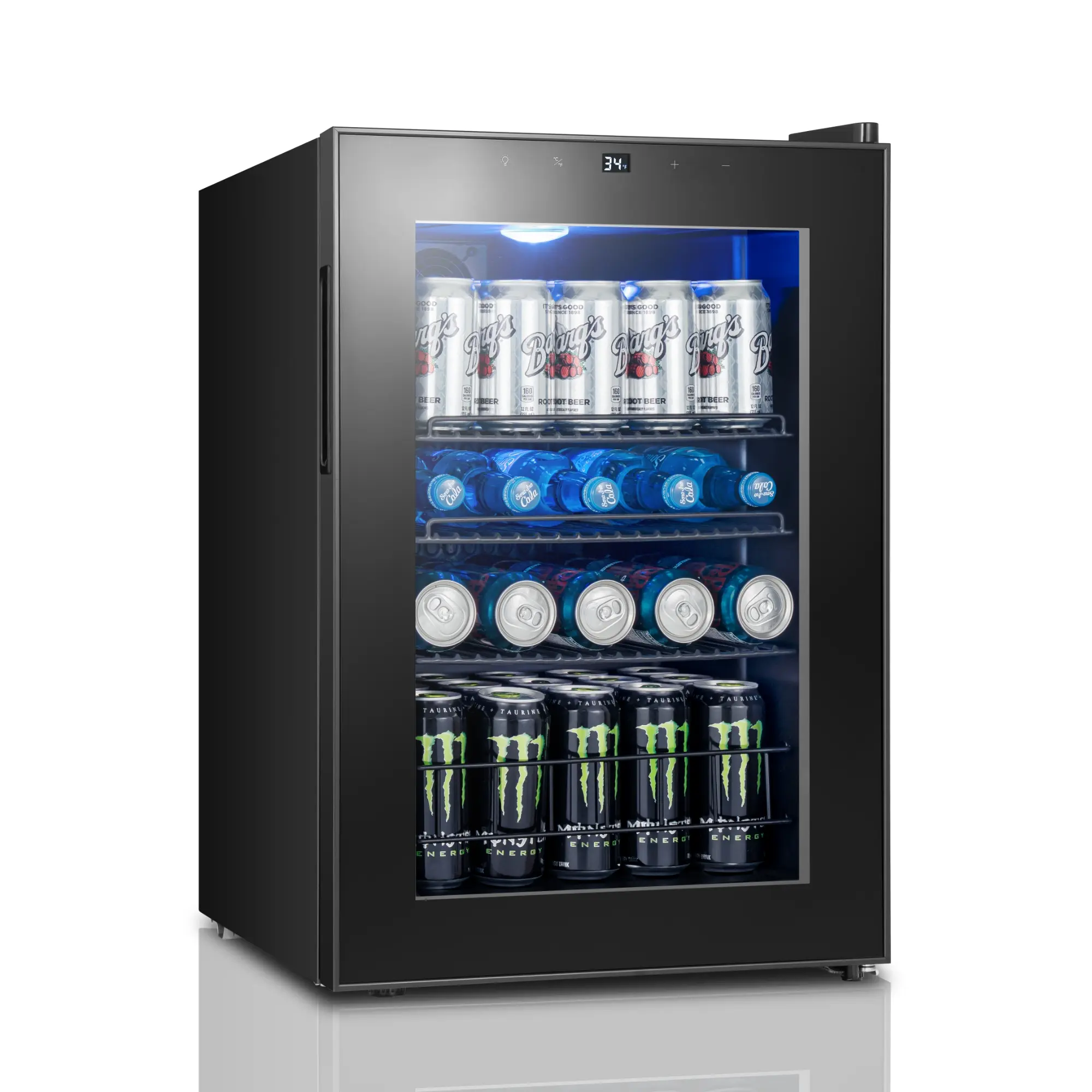 Yeego 2.18 Cu Ft Countertop-Freestanding Mini Fridge, 85-Can Glass Door Beverage Refrigerator with LED Lighting, Metal Shelves, Digital 34–54°F Temperature Control, Compact Design, Small Footprint for Kitchen, Office, Daily Use, Adjustable