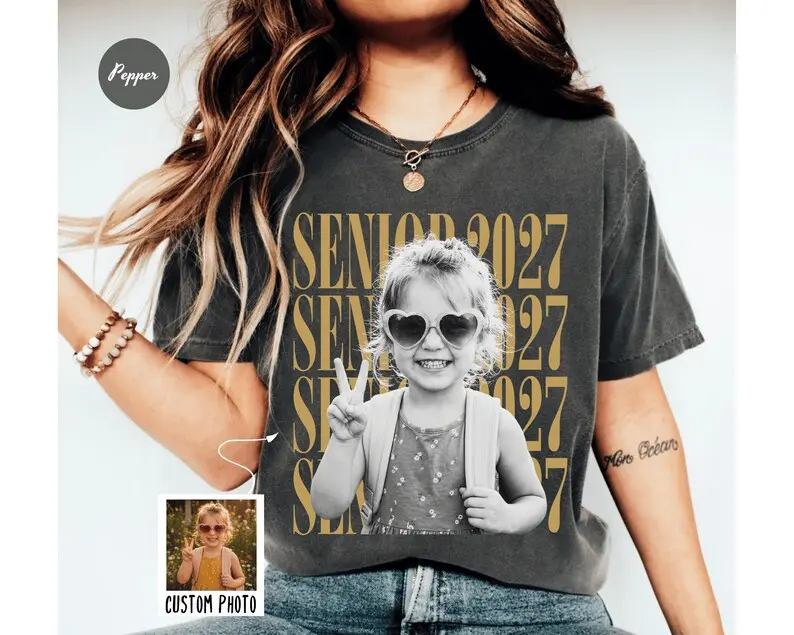 [Saleup to 75%] Comfort Colors Personalized Vintage Photo And Year Senior Shirt, Custom Graduate Picture Shirt, Class Of 2027 Gift, Back To School Shirt