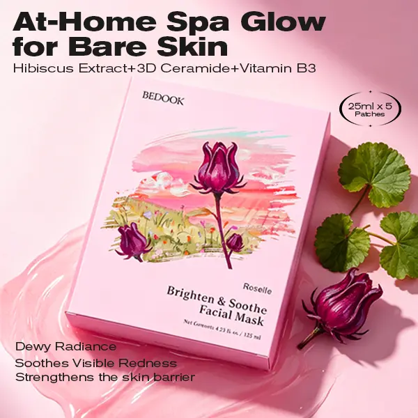 BEDOOK Brighten & Soothe Facial Mask, 5 sheets/box | Redness Relief, Hydrating Calming Mask for Sensitive Skin, Calm Skin after Sun,Hibiscus Extract, Gentle Moisturizing Sheet Mask, Face care Product#DealsForYouDays
