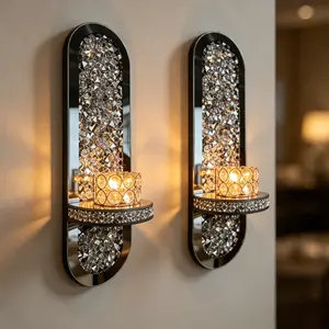 2pcs Mirror Wall-Mounted Candlestick Shelf, Mirror Wall-Mounted Candlestick, Wall-Mounted Candlestick, Mirror Wall Decor, Bathroom Decor And Accessories, Modern Aesthetic Room Decor, Wall Art Ornament, Home Decoration, Bathroom Decoration Christmas Light
